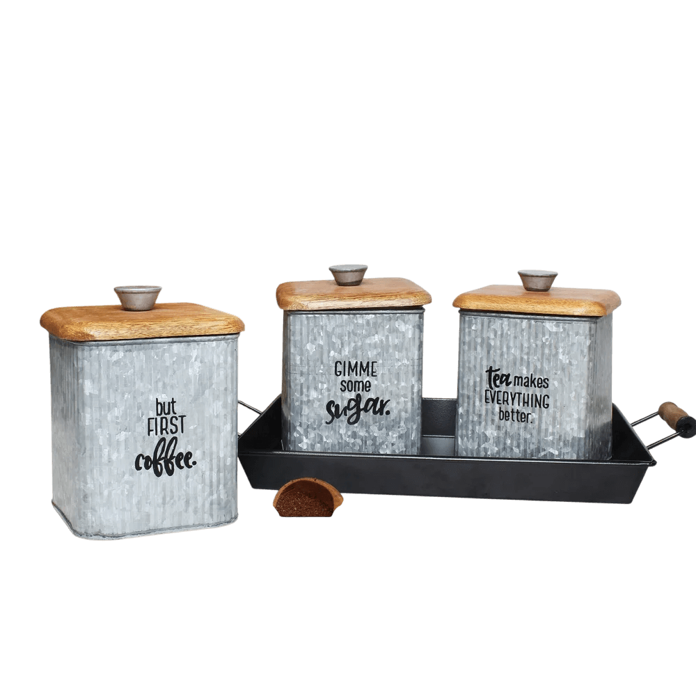 IRON & WOOD KITCHEN CONTAINER WITH TRAY (NATURAL) SET OF 3